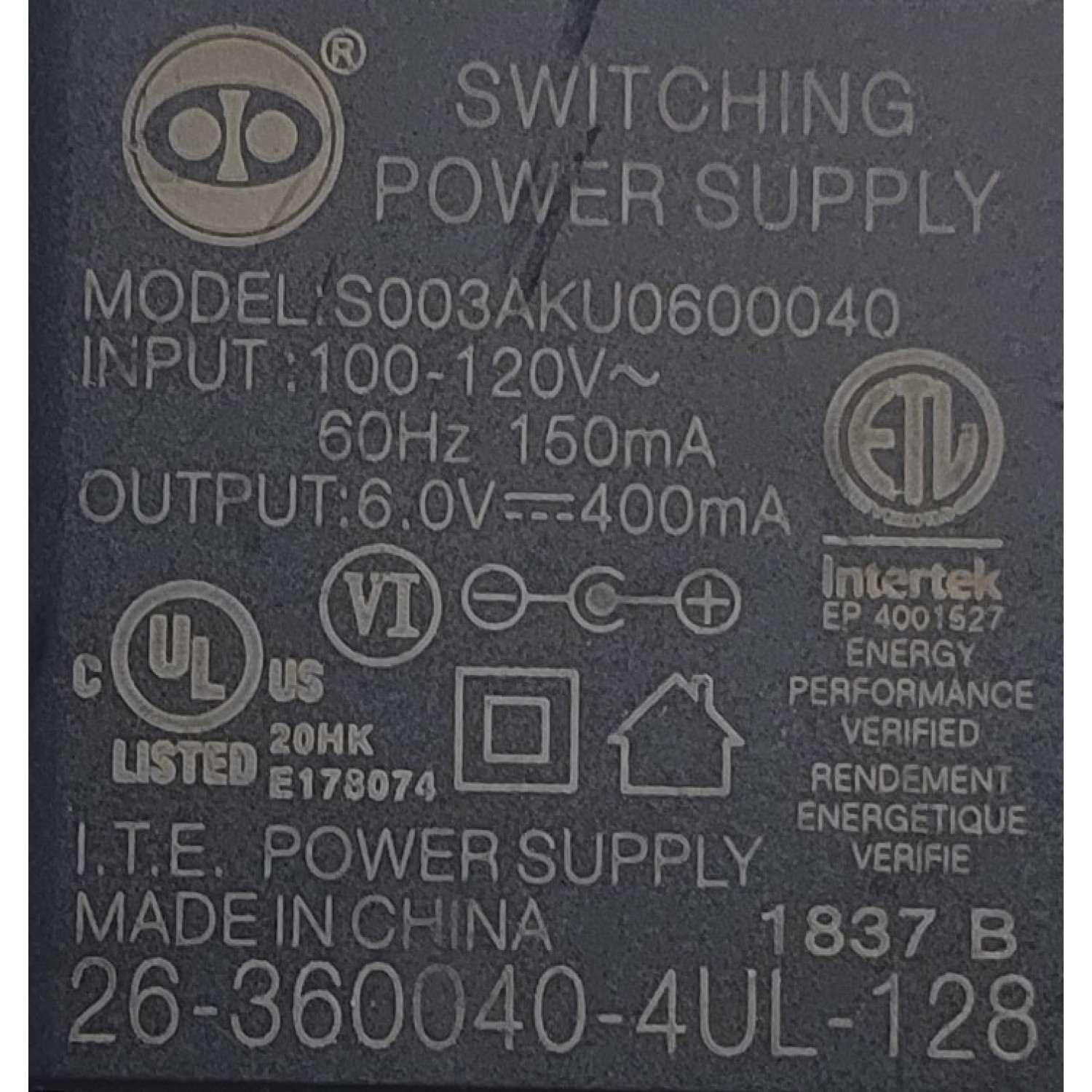 ADAPTADOR AC/DC SWITCHING / NUMERO DE PARTE S003AKU0600040 / 26-360040-4UL-128 / INPUT: 100-120V 60Hz 150mA / OUTPUT: 6.0V - 400mA	 - Imagen 2